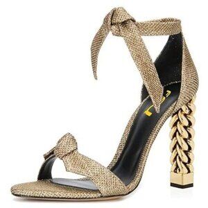 FSJ Women Flower Gold Metal Chain Chunky High Heels Ankle Strap Sandals Open Toe